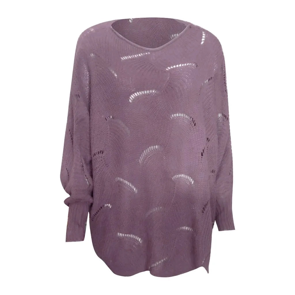 Women'S Fashion Solid Sweater Top Hook Hollow Flower Bishop Sleeve Loose Knit Sweater Stylish Elegant Irregular Hem Blouses Top