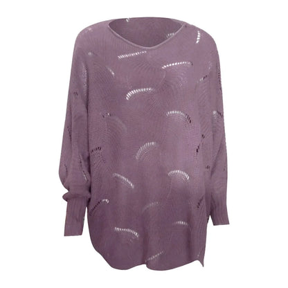 Women'S Fashion Solid Sweater Top Hook Hollow Flower Bishop Sleeve Loose Knit Sweater Stylish Elegant Irregular Hem Blouses Top