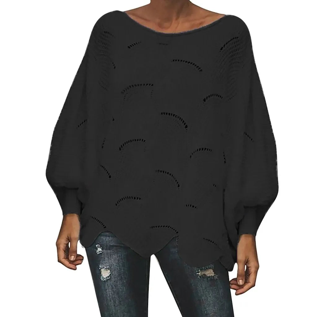 Women'S Fashion Solid Sweater Top Hook Hollow Flower Bishop Sleeve Loose Knit Sweater Stylish Elegant Irregular Hem Blouses Top