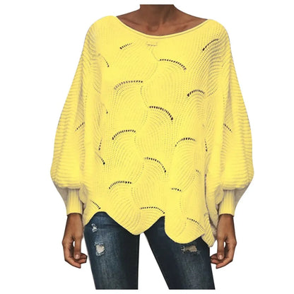 Women'S Fashion Solid Sweater Top Hook Hollow Flower Bishop Sleeve Loose Knit Sweater Stylish Elegant Irregular Hem Blouses Top
