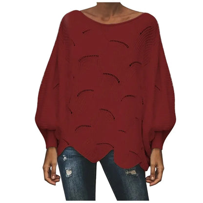 Women'S Fashion Solid Sweater Top Hook Hollow Flower Bishop Sleeve Loose Knit Sweater Stylish Elegant Irregular Hem Blouses Top