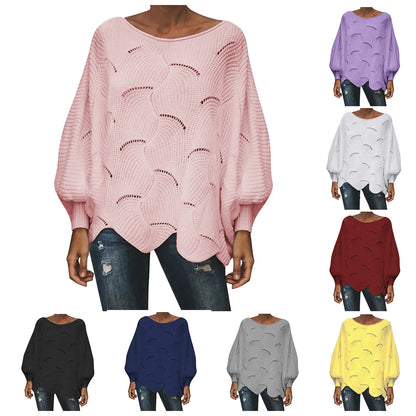 Women'S Fashion Solid Sweater Top Hook Hollow Flower Bishop Sleeve Loose Knit Sweater Stylish Elegant Irregular Hem Blouses Top