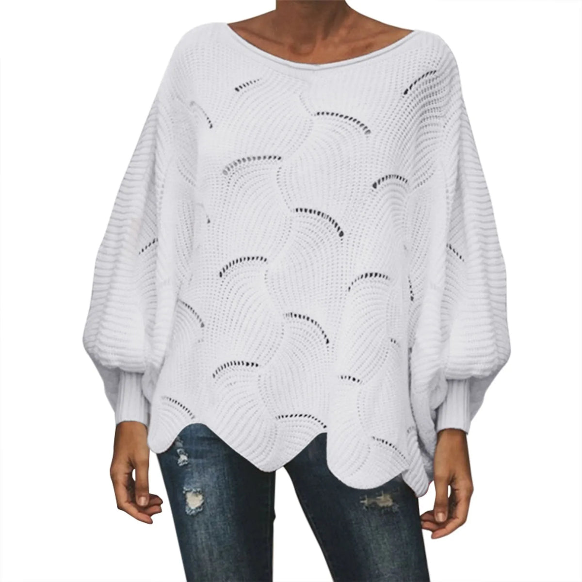 Women'S Fashion Solid Sweater Top Hook Hollow Flower Bishop Sleeve Loose Knit Sweater Stylish Elegant Irregular Hem Blouses Top