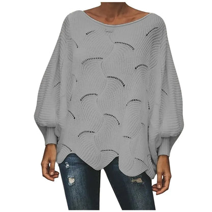 Women'S Fashion Solid Sweater Top Hook Hollow Flower Bishop Sleeve Loose Knit Sweater Stylish Elegant Irregular Hem Blouses Top