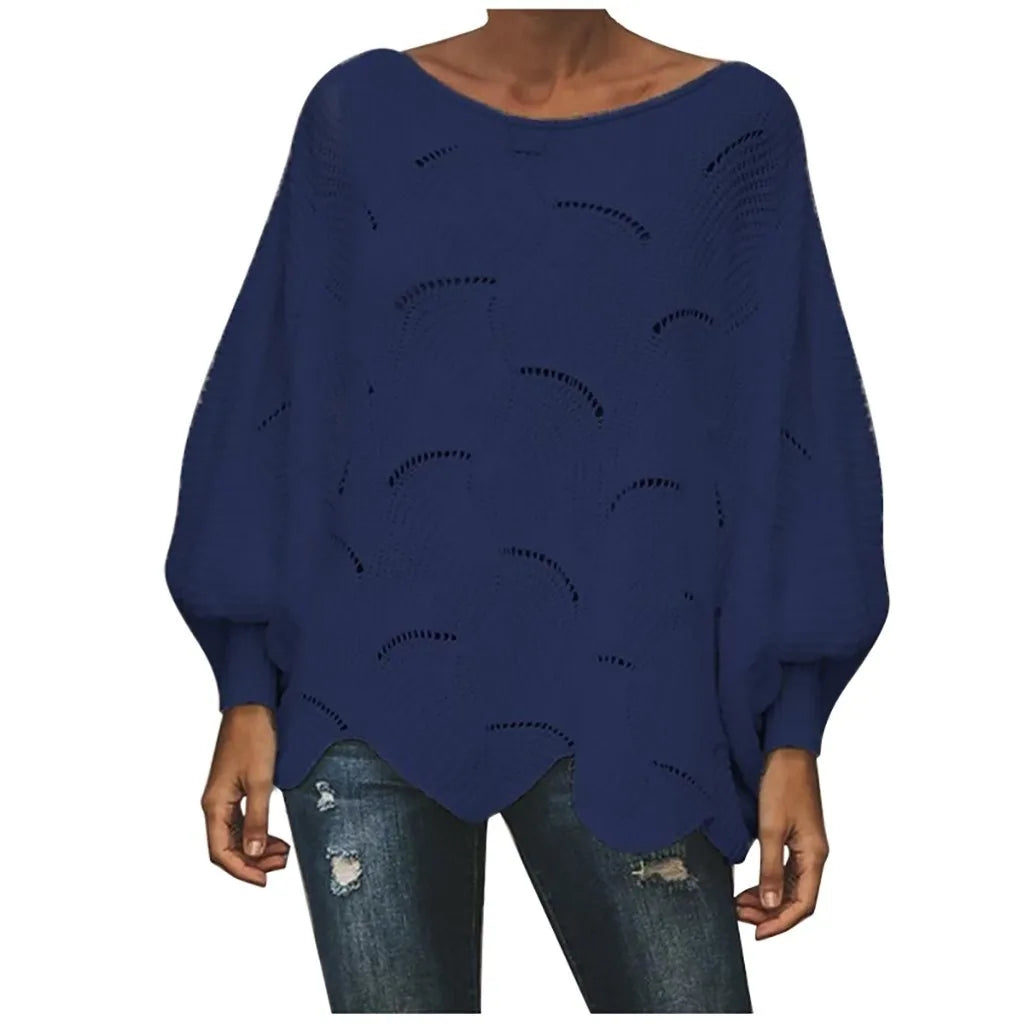 Women'S Fashion Solid Sweater Top Hook Hollow Flower Bishop Sleeve Loose Knit Sweater Stylish Elegant Irregular Hem Blouses Top